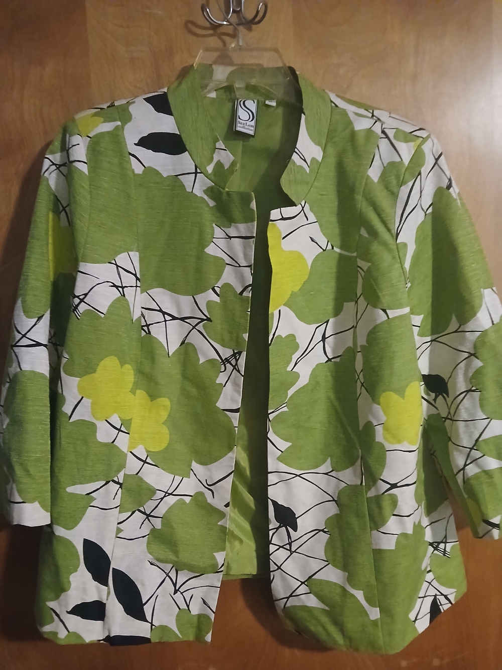 Women's Vintage SilkLand Lime Green and Black Floral Open Jacket